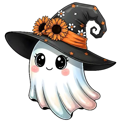 Kawaii Cartoon Cute Ghost Witch Hat Graphic for Halloween