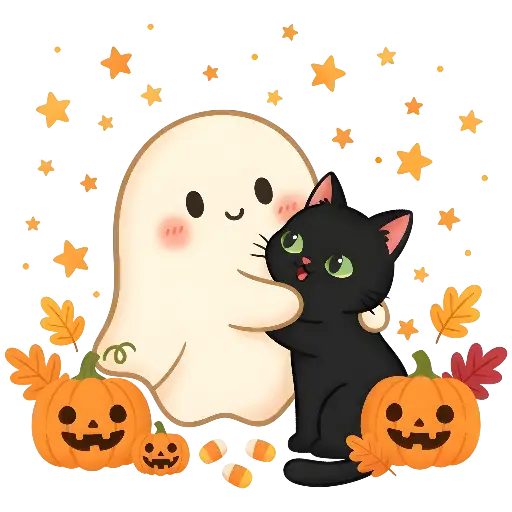 Cute Kawaii Ghost and Black Cat Halloween Autumn Illustration