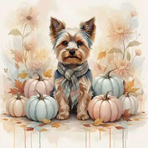 Watercolor Yorkshire Terrier Autumn Pumpkins Illustration