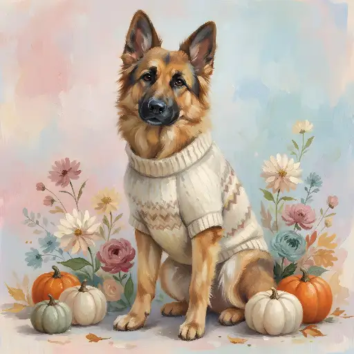 Digital Painting German Shepherd in Cozy Sweater with Autumn Pumpkins