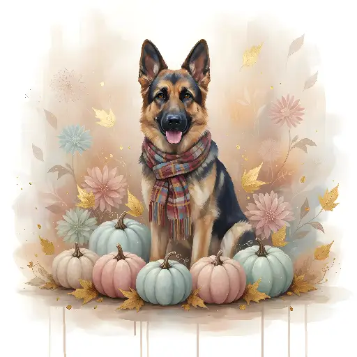 Whimsical Watercolor German Shepherd Autumn Pumpkins Print for Pet Owners