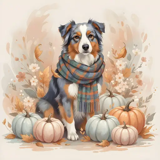 Cozy Watercolor Australian Shepherd Autumn Pumpkins Illustration