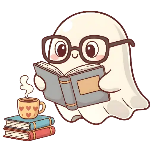 Kawaii Cute Ghost Reading Book & Coffee Illustration for Readers