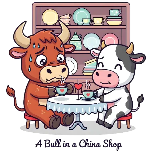 Cute Cartoon Bull and Cow Tea Party in China Shop Illustration