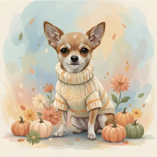 Watercolor Chihuahua in Sweater with Pumpkins Autumn Art