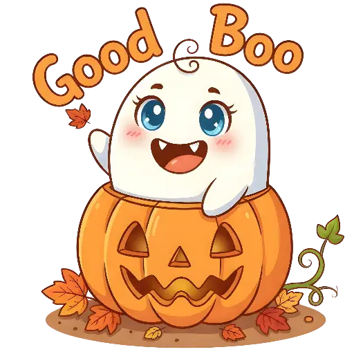 Cute Ghost in Carved Pumpkin 'Good Boo' Halloween Illustration