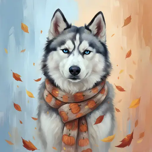 Digital Painting Husky Dog with Pumpkin Scarf and Autumn Leaves