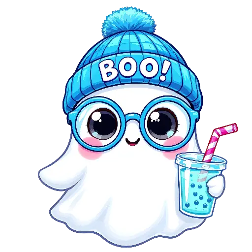 Kawaii Cute Ghost Character with Beanie and Drink Illustration