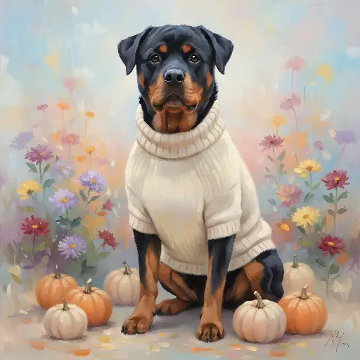 Oil Painting Rottweiler Dog in Sweater with Pumpkins and Flowers