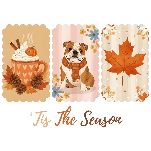 Illustrative Autumn Graphics Bundle: Cozy Bulldog, Latte & Leaves