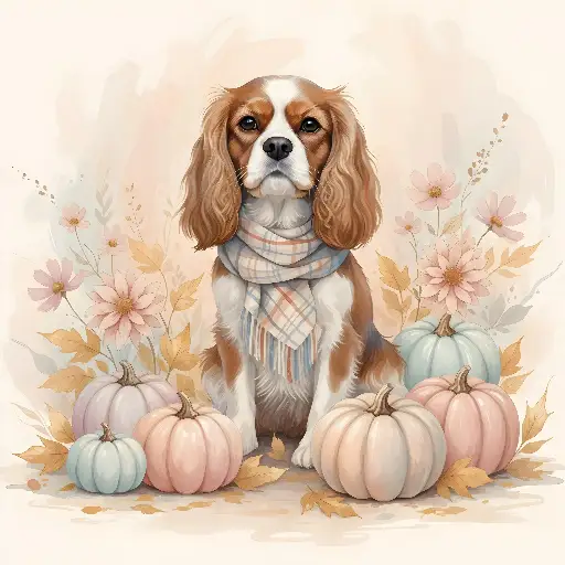 Watercolor Cavalier King Charles Spaniel with Cozy Autumn Pumpkins