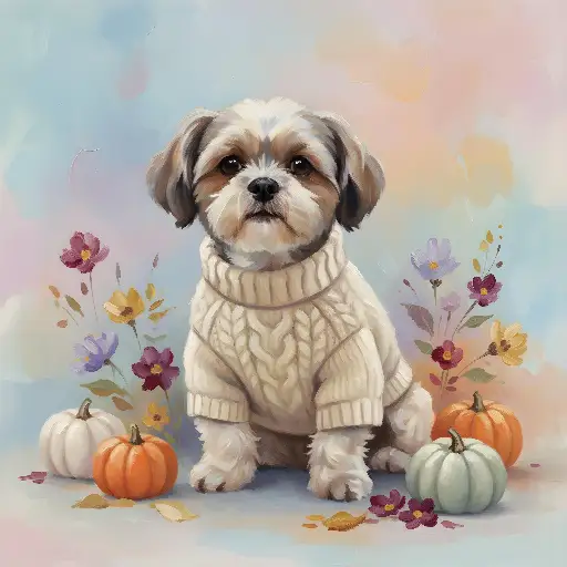 Impressionistic Digital Painting Small Dog in Sweater Illustration Cute Autumnal