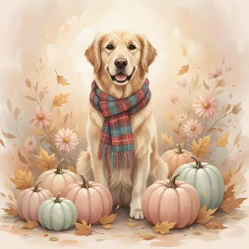Watercolor Golden Retriever Autumn Illustration with Pumpkins and Scarf