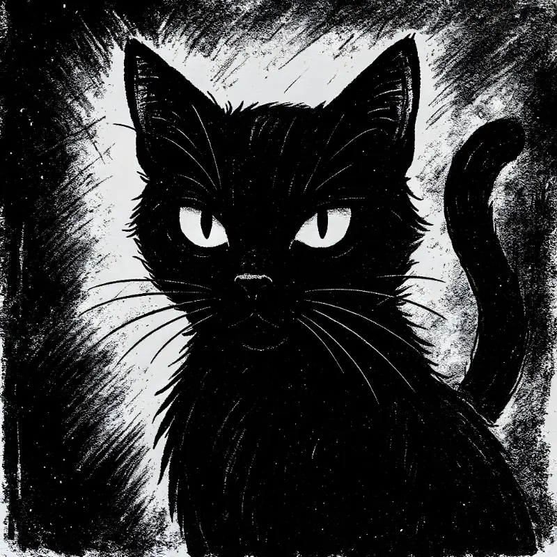 Grunge Black Cat Illustration with Intense Glowing Eyes