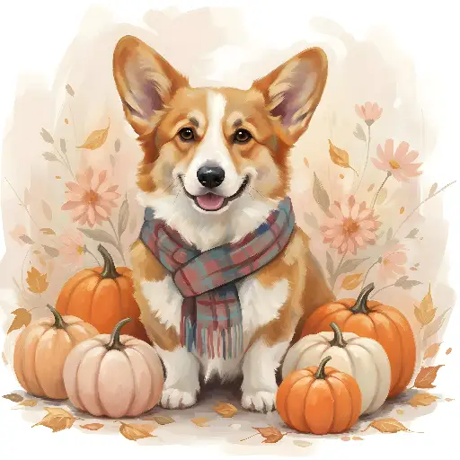 Watercolor Corgi Pumpkin Dog Autumn Illustration