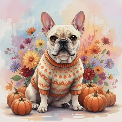 French Bulldog Autumn Watercolor with Sweater, Pumpkins, & Flowers