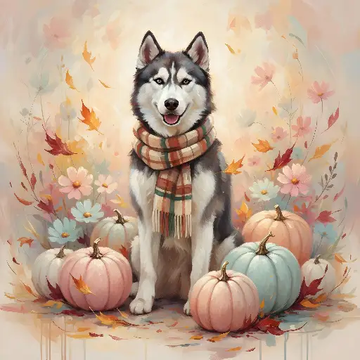 Watercolor Illustrative Husky Dog Fall Pumpkins & Scarf Design