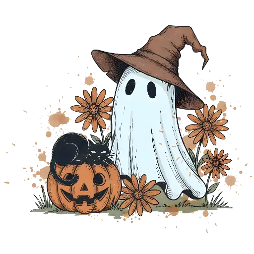 Hand-drawn Vintage Halloween Ghost Witch Hat Black Cat Pumpkin Art
