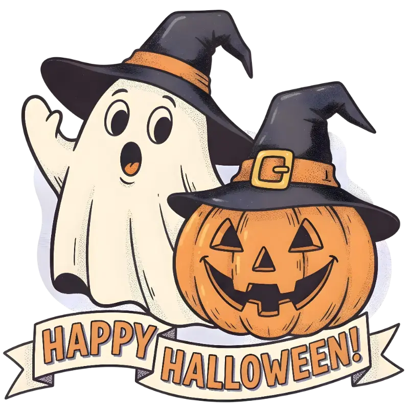 Vintage Illustration Ghost Jack-o'-Lantern Happy Halloween Graphic for Kids