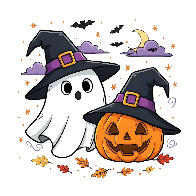 Cartoon Ghost Pumpkin Witch Hats Illustration Cute Halloween