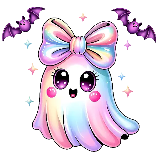 Kawaii Ghost with Rainbow Bow and Bats Illustration for Spooky-Cute