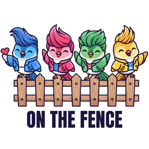 Chibi Kawaii Four Birds with Spiky Hair and Jackets on a Fence Design