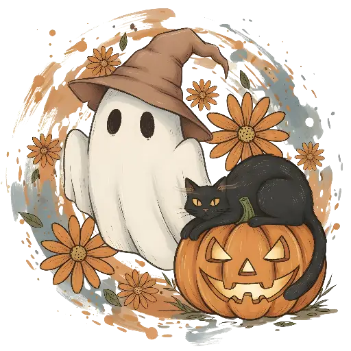 Cute Halloween Ghost Cat Pumpkin Hand-drawn Sublimation Design