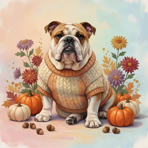 Whimsical Bulldog Autumn Sweater Cozy Illustration for Pet Lovers