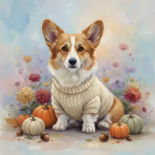 Painterly Corgi in Cozy Sweater with Autumn Decor Art Print