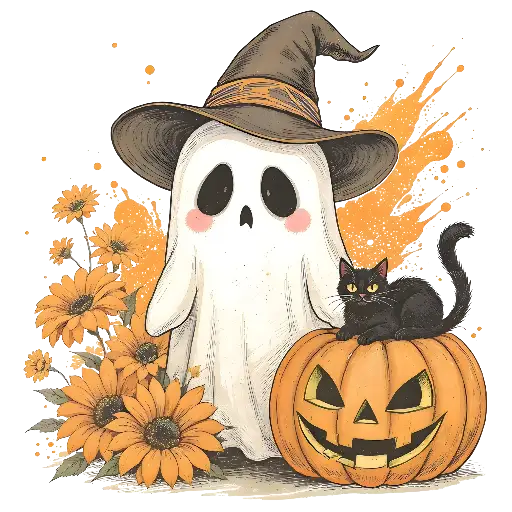 Hand-drawn Cute Ghost Witch Hat Halloween Illustration