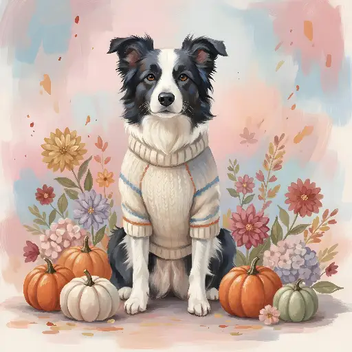 Watercolor Border Collie in Sweater Autumnal Art Print