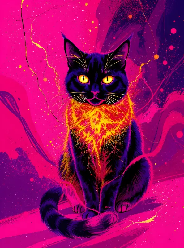 Neon Black Cat Digital Art with Glowing Fur and Eyes