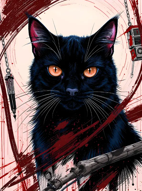 Neo-noir Black Cat Illustration with Intense Orange Eyes