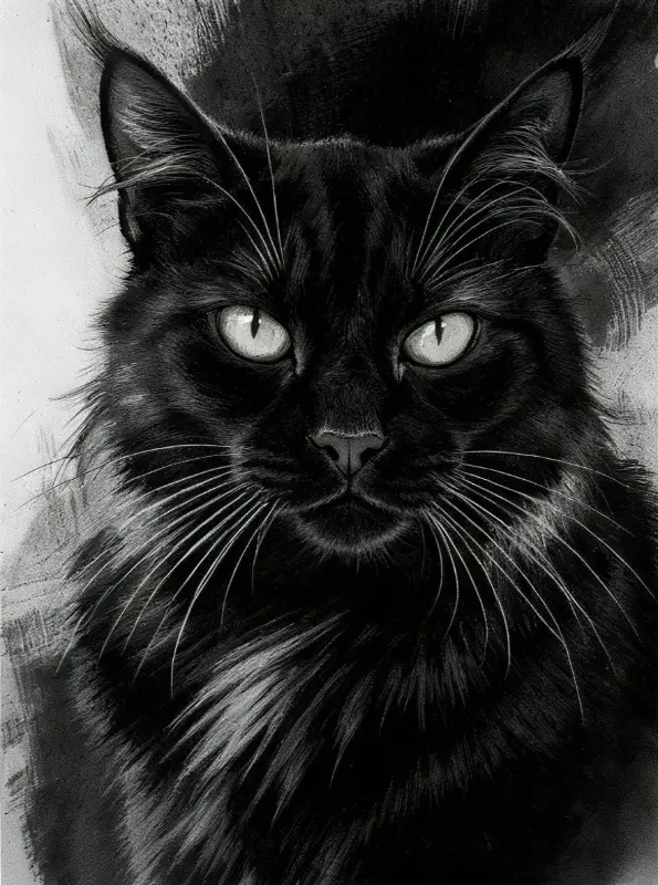 Hyperrealistic Black Cat Portrait Drawing with Glowing Eyes