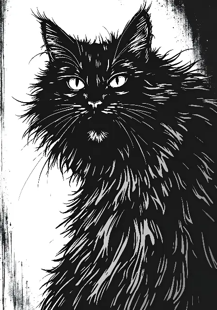 Gothic Line Art Fluffy Black Cat Illustration, Glowing Eyes