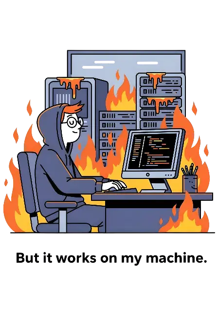 Cartoon Programmer on Fire: 'It Works on My Machine' Tech Humor