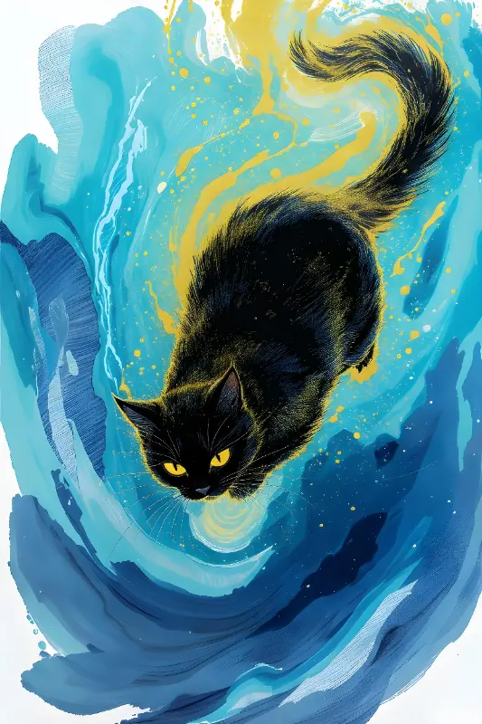 Watercolor Abstract Black Cat Glowing Eyes Mystical Art