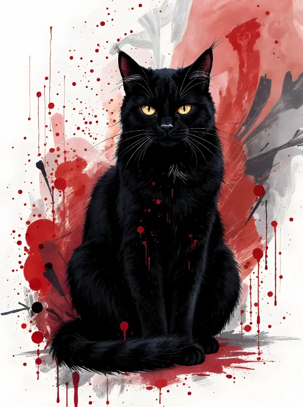 Grunge Black Cat Art Print, Intense Yellow Eyes & Red Splatter