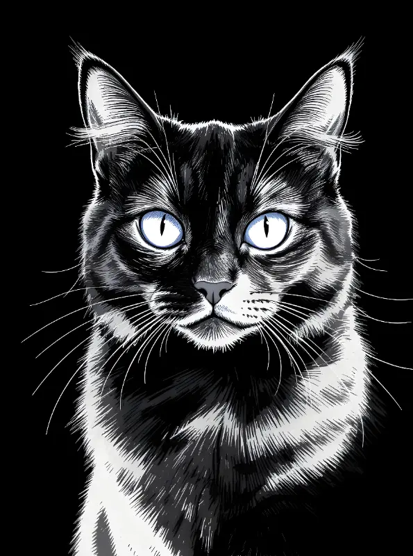 Mysterious High Contrast Line Art Cat Portrait, Blue Eyed Graphic
