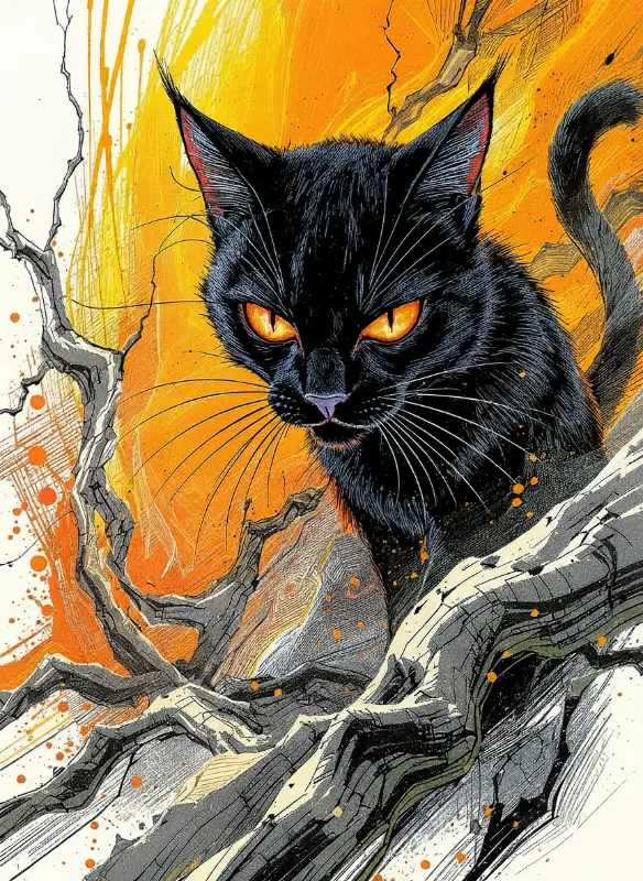 Black Cat Illustration with Glowing Orange Eyes Comic Style