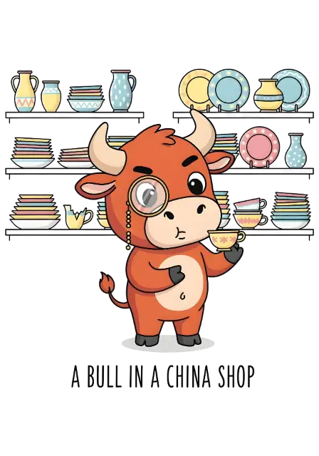 Cartoon Bull in a China Shop Humorous Pun Graphic for Gifts - traditional - width: 2688px, height: 3840px