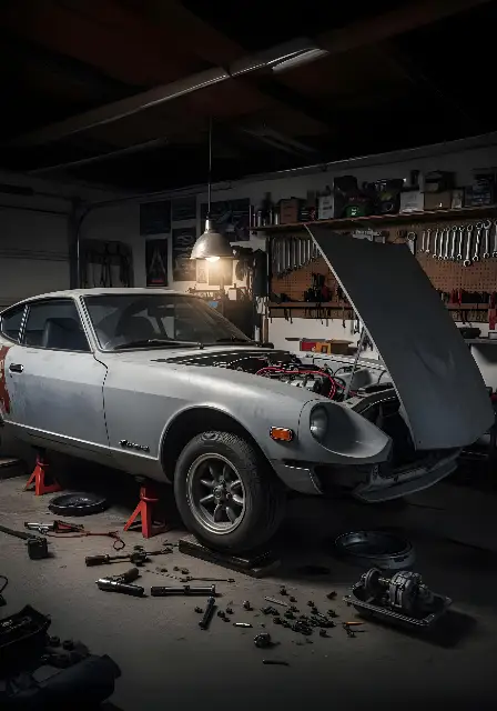 Realistic Classic Car Under Repair Garage Scene for Enthusiasts - traditional - width: 3584px, height: 5120px