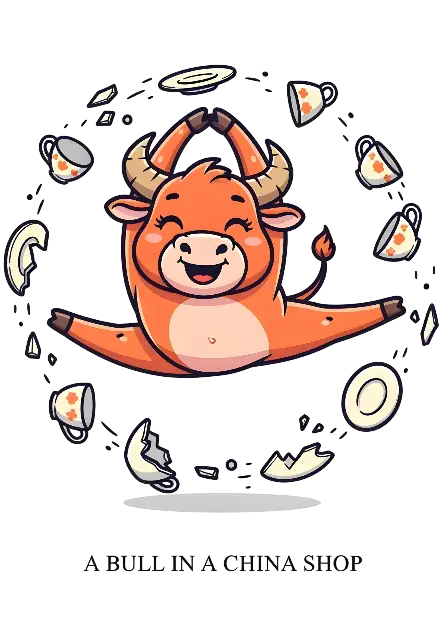 Cartoon Bull in a China Shop Doing Splits Illustration - traditional - width: 3584px, height: 5120px