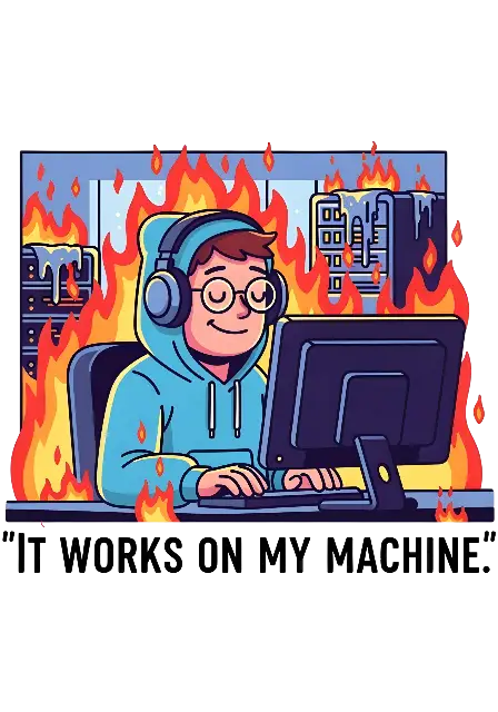 Cartoon Programmer IT WORKS ON MY MACHINE - traditional - width: 3584px, height: 5120px