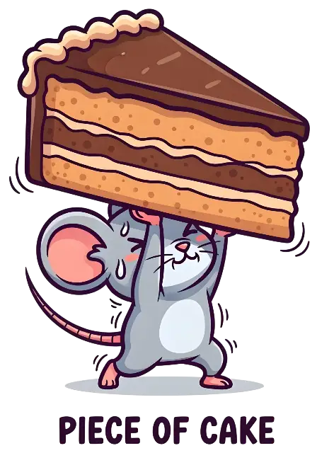 Kawaii Cartoon Mouse Lifting Cake: Humorous 'Piece of Cake' Design - traditional - width: 3584px, height: 5120px