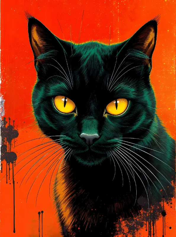 Pop Art Grungy Black Cat with Glowing Yellow Eyes Art Print