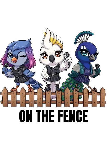 Chibi Punk Rock Bird Musicians on Fence - Cute Animal Band Graphic - traditional - width: 3584px, height: 5120px