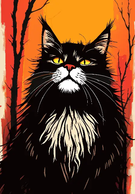 Stylized Fluffy Black Cat Illustration Poster for Halloween