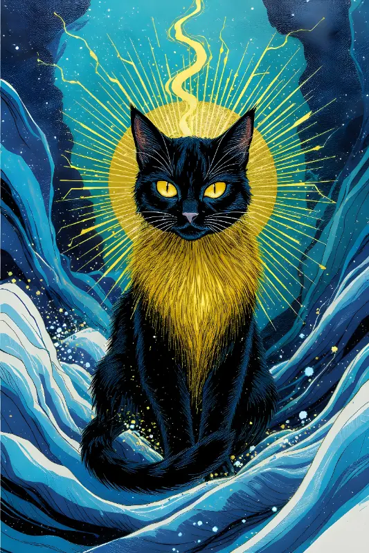 Stylized Black Cat Art Print with Radiant Golden Aura