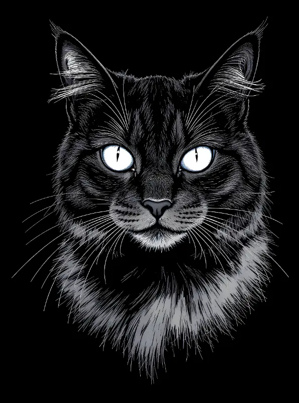 Engraving Style Cat Head Illustration with Bright Glowing Eyes